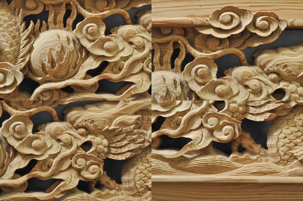 ビンテージ建具　杉(スギ)材　躍動感ある龍(竜)が見事な両面彫刻欄間(明かり取り、明り取り、ヴィンテージ)(R-080973)