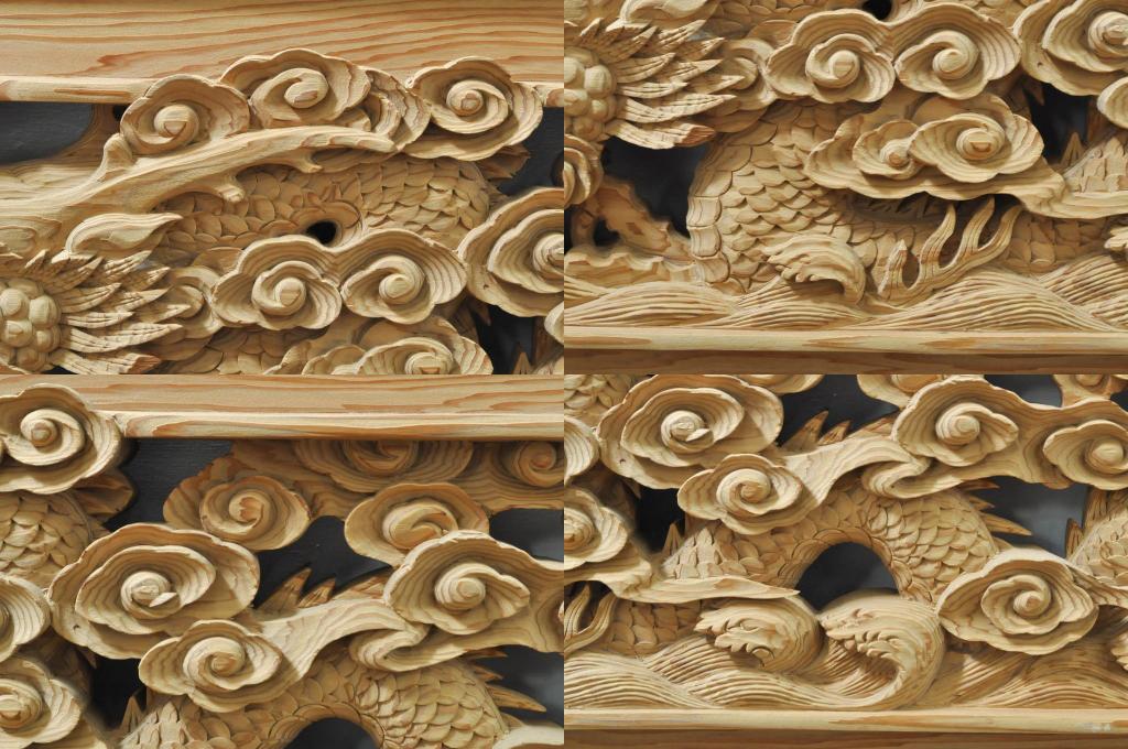 ビンテージ建具　杉(スギ)材　躍動感ある龍(竜)が見事な両面彫刻欄間(明かり取り、明り取り、ヴィンテージ)(R-080973)