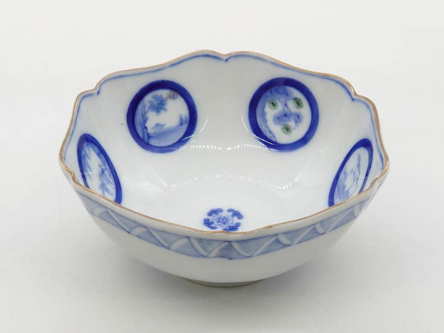 戦前　深川製磁　オールド深川　有田焼　染付　窓絵　松竹梅　約13cm　4.1寸　細かな絵付けが見事な小鉢4客セット(金彩、小槌、船、舟、花、吉祥文様、深鉢、深皿、向付、和皿、和食器、四寸一分)(R-080080)