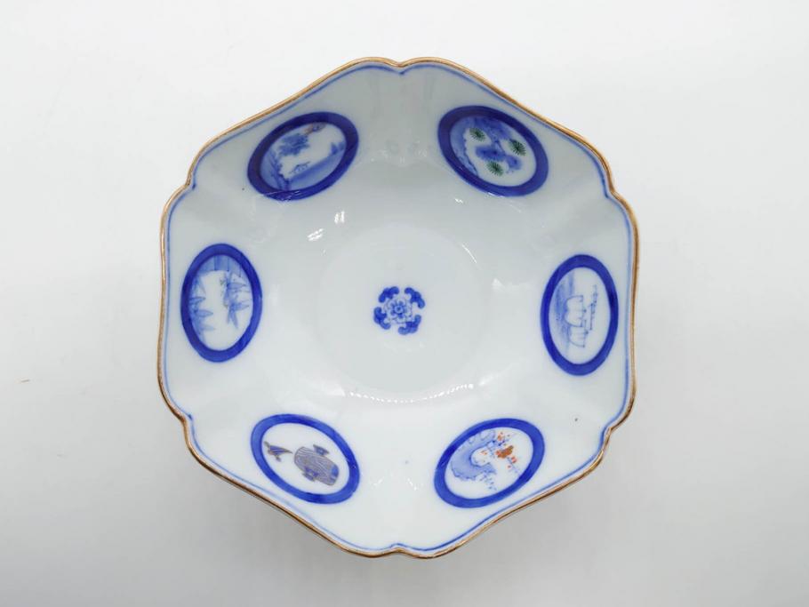 戦前　深川製磁　オールド深川　有田焼　染付　窓絵　松竹梅　約13cm　4.1寸　細かな絵付けが見事な小鉢4客セット(金彩、小槌、船、舟、花、吉祥文様、深鉢、深皿、向付、和皿、和食器、四寸一分)(R-080080)