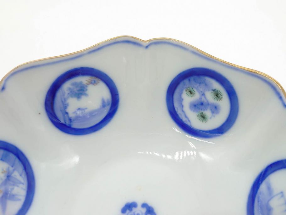 戦前　深川製磁　オールド深川　有田焼　染付　窓絵　松竹梅　約13cm　4.1寸　細かな絵付けが見事な小鉢4客セット(金彩、小槌、船、舟、花、吉祥文様、深鉢、深皿、向付、和皿、和食器、四寸一分)(R-080080)