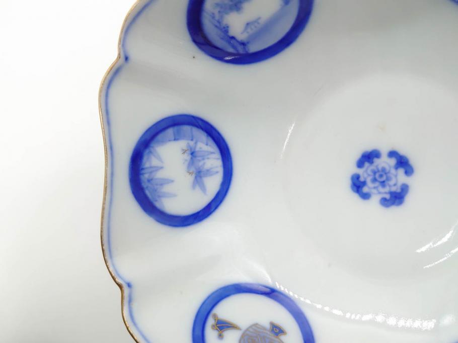 戦前　深川製磁　オールド深川　有田焼　染付　窓絵　松竹梅　約13cm　4.1寸　細かな絵付けが見事な小鉢4客セット(金彩、小槌、船、舟、花、吉祥文様、深鉢、深皿、向付、和皿、和食器、四寸一分)(R-080080)