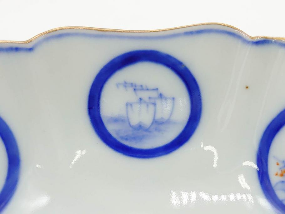 戦前　深川製磁　オールド深川　有田焼　染付　窓絵　松竹梅　約13cm　4.1寸　細かな絵付けが見事な小鉢4客セット(金彩、小槌、船、舟、花、吉祥文様、深鉢、深皿、向付、和皿、和食器、四寸一分)(R-080080)