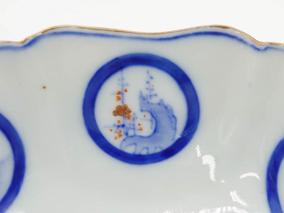 戦前　深川製磁　オールド深川　有田焼　染付　窓絵　松竹梅　約13cm　4.1寸　細かな絵付けが見事な小鉢4客セット(金彩、小槌、船、舟、花、吉祥文様、深鉢、深皿、向付、和皿、和食器、四寸一分)(R-080080)