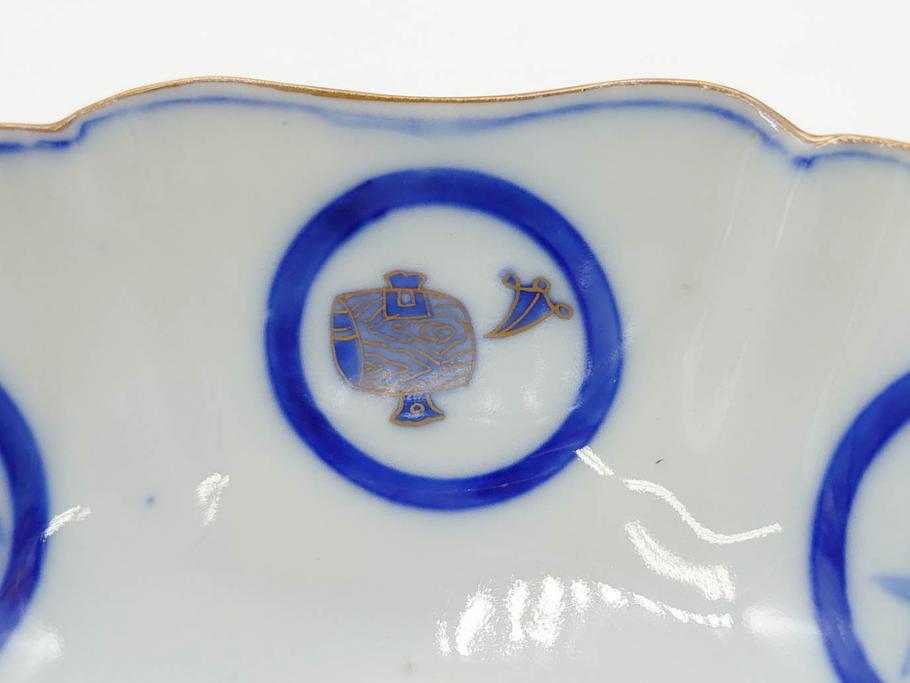 戦前　深川製磁　オールド深川　有田焼　染付　窓絵　松竹梅　約13cm　4.1寸　細かな絵付けが見事な小鉢4客セット(金彩、小槌、船、舟、花、吉祥文様、深鉢、深皿、向付、和皿、和食器、四寸一分)(R-080080)