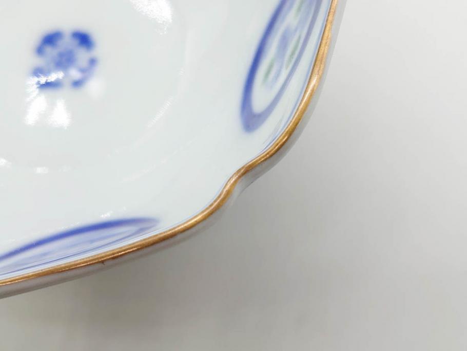 戦前　深川製磁　オールド深川　有田焼　染付　窓絵　松竹梅　約13cm　4.1寸　細かな絵付けが見事な小鉢4客セット(金彩、小槌、船、舟、花、吉祥文様、深鉢、深皿、向付、和皿、和食器、四寸一分)(R-080080)