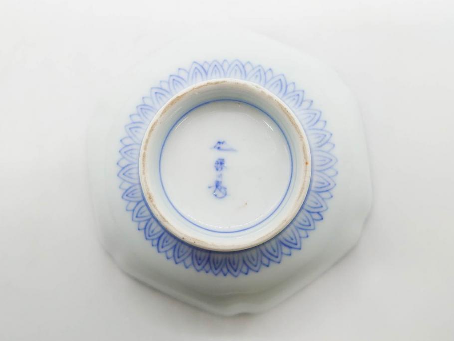 戦前　深川製磁　オールド深川　有田焼　染付　窓絵　松竹梅　約13cm　4.1寸　細かな絵付けが見事な小鉢4客セット(金彩、小槌、船、舟、花、吉祥文様、深鉢、深皿、向付、和皿、和食器、四寸一分)(R-080080)