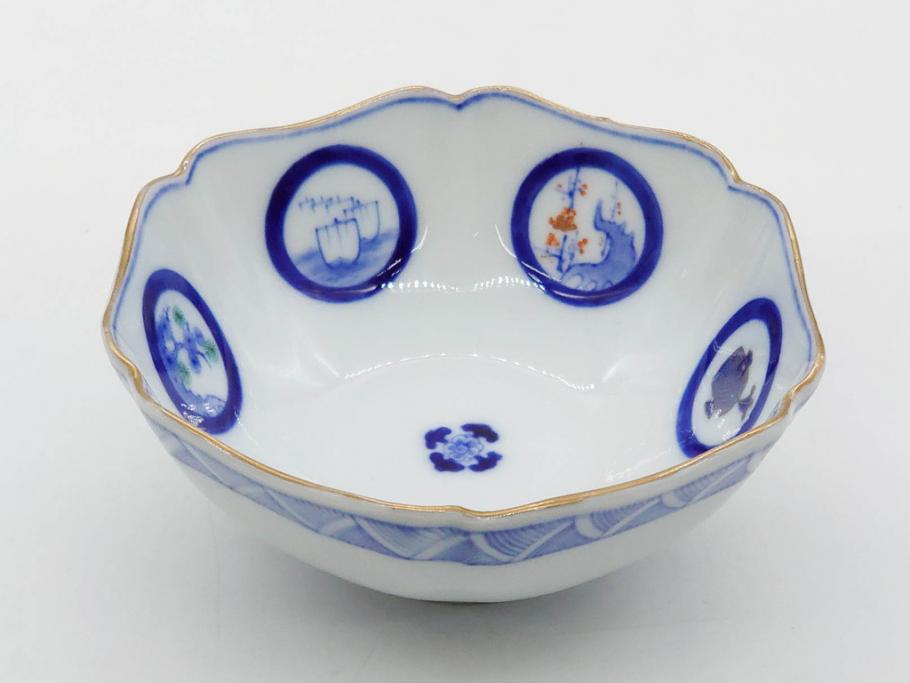 戦前　深川製磁　オールド深川　有田焼　染付　窓絵　松竹梅　約13cm　4.1寸　細かな絵付けが見事な小鉢4客セット(金彩、小槌、船、舟、花、吉祥文様、深鉢、深皿、向付、和皿、和食器、四寸一分)(R-080080)