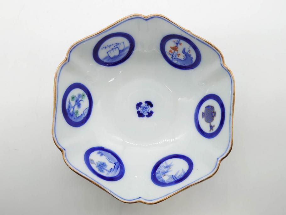 戦前　深川製磁　オールド深川　有田焼　染付　窓絵　松竹梅　約13cm　4.1寸　細かな絵付けが見事な小鉢4客セット(金彩、小槌、船、舟、花、吉祥文様、深鉢、深皿、向付、和皿、和食器、四寸一分)(R-080080)