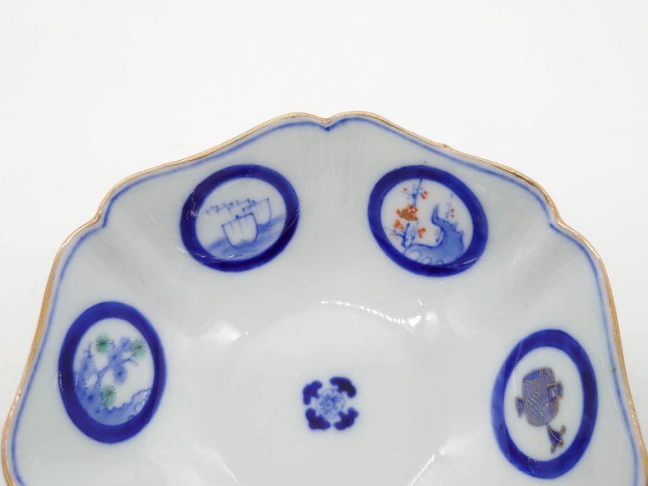 戦前　深川製磁　オールド深川　有田焼　染付　窓絵　松竹梅　約13cm　4.1寸　細かな絵付けが見事な小鉢4客セット(金彩、小槌、船、舟、花、吉祥文様、深鉢、深皿、向付、和皿、和食器、四寸一分)(R-080080)