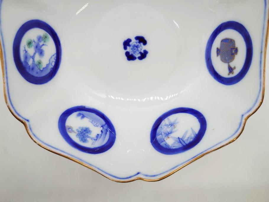 戦前　深川製磁　オールド深川　有田焼　染付　窓絵　松竹梅　約13cm　4.1寸　細かな絵付けが見事な小鉢4客セット(金彩、小槌、船、舟、花、吉祥文様、深鉢、深皿、向付、和皿、和食器、四寸一分)(R-080080)