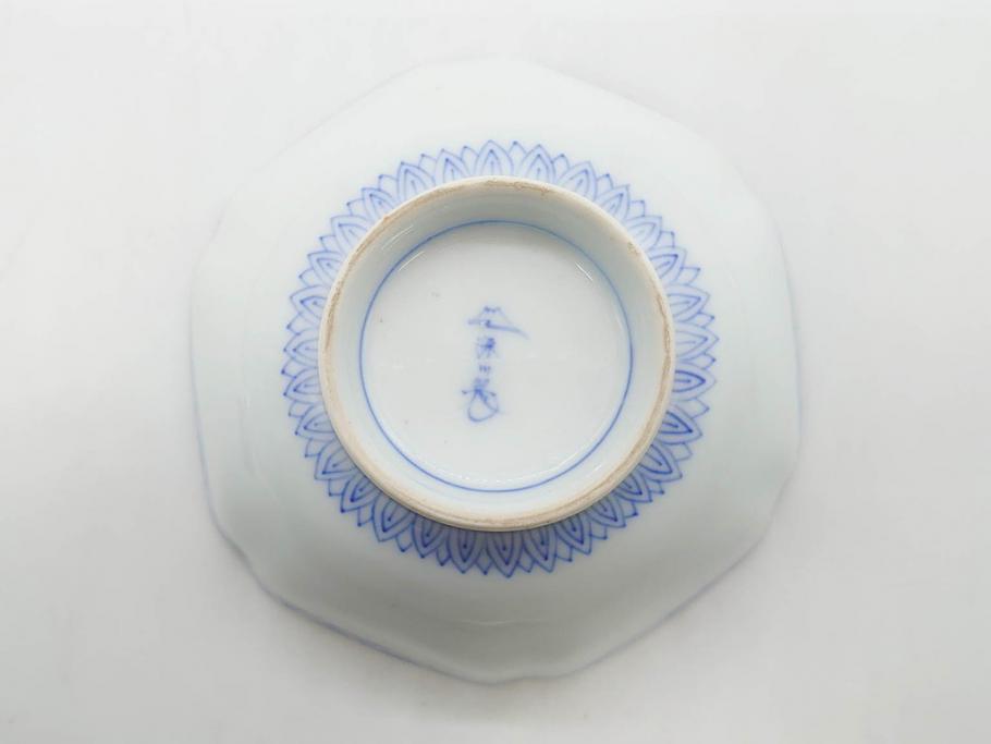 戦前　深川製磁　オールド深川　有田焼　染付　窓絵　松竹梅　約13cm　4.1寸　細かな絵付けが見事な小鉢4客セット(金彩、小槌、船、舟、花、吉祥文様、深鉢、深皿、向付、和皿、和食器、四寸一分)(R-080080)
