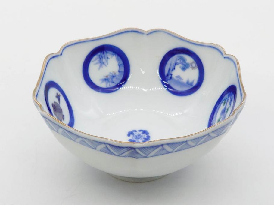戦前　深川製磁　オールド深川　有田焼　染付　窓絵　松竹梅　約13cm　4.1寸　細かな絵付けが見事な小鉢4客セット(金彩、小槌、船、舟、花、吉祥文様、深鉢、深皿、向付、和皿、和食器、四寸一分)(R-080080)