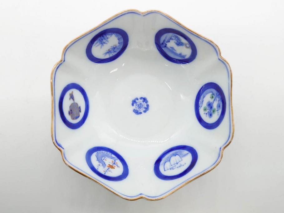 戦前　深川製磁　オールド深川　有田焼　染付　窓絵　松竹梅　約13cm　4.1寸　細かな絵付けが見事な小鉢4客セット(金彩、小槌、船、舟、花、吉祥文様、深鉢、深皿、向付、和皿、和食器、四寸一分)(R-080080)