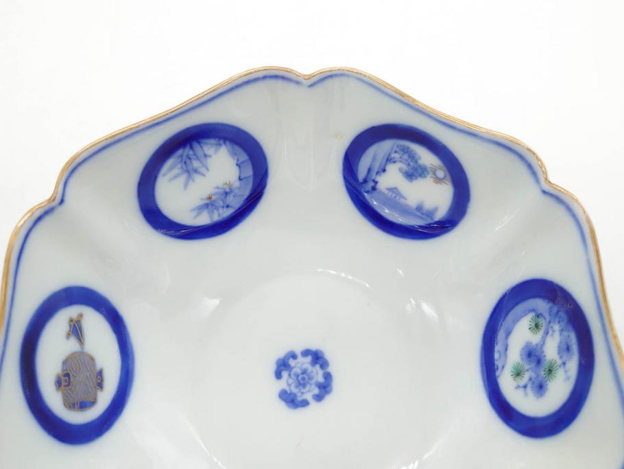 戦前　深川製磁　オールド深川　有田焼　染付　窓絵　松竹梅　約13cm　4.1寸　細かな絵付けが見事な小鉢4客セット(金彩、小槌、船、舟、花、吉祥文様、深鉢、深皿、向付、和皿、和食器、四寸一分)(R-080080)