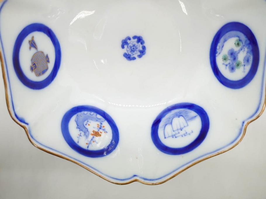 戦前　深川製磁　オールド深川　有田焼　染付　窓絵　松竹梅　約13cm　4.1寸　細かな絵付けが見事な小鉢4客セット(金彩、小槌、船、舟、花、吉祥文様、深鉢、深皿、向付、和皿、和食器、四寸一分)(R-080080)