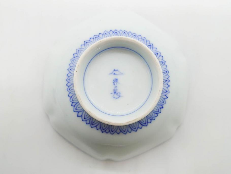 戦前　深川製磁　オールド深川　有田焼　染付　窓絵　松竹梅　約13cm　4.1寸　細かな絵付けが見事な小鉢4客セット(金彩、小槌、船、舟、花、吉祥文様、深鉢、深皿、向付、和皿、和食器、四寸一分)(R-080080)