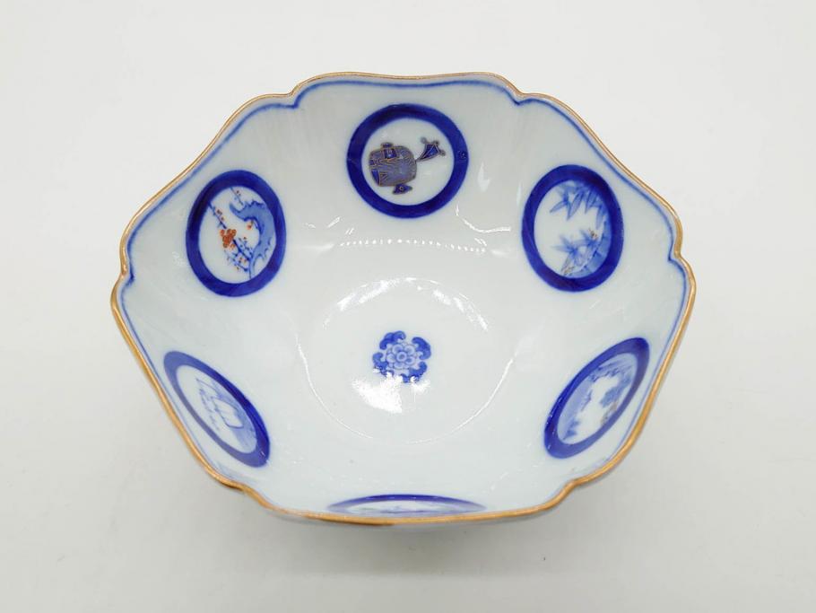 戦前　深川製磁　オールド深川　有田焼　染付　窓絵　松竹梅　約13cm　4.1寸　細かな絵付けが見事な小鉢4客セット(金彩、小槌、船、舟、花、吉祥文様、深鉢、深皿、向付、和皿、和食器、四寸一分)(R-080080)