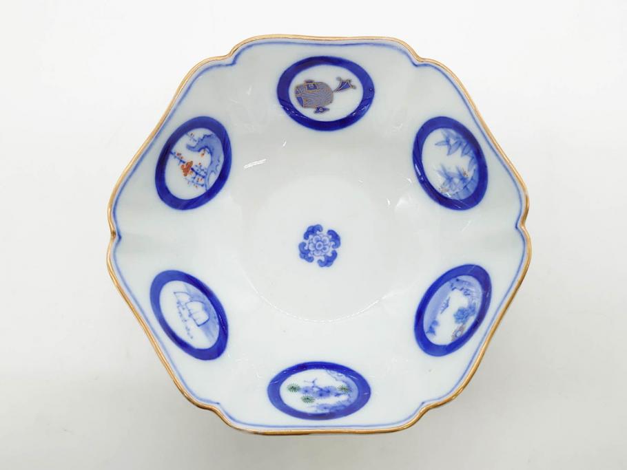 戦前　深川製磁　オールド深川　有田焼　染付　窓絵　松竹梅　約13cm　4.1寸　細かな絵付けが見事な小鉢4客セット(金彩、小槌、船、舟、花、吉祥文様、深鉢、深皿、向付、和皿、和食器、四寸一分)(R-080080)