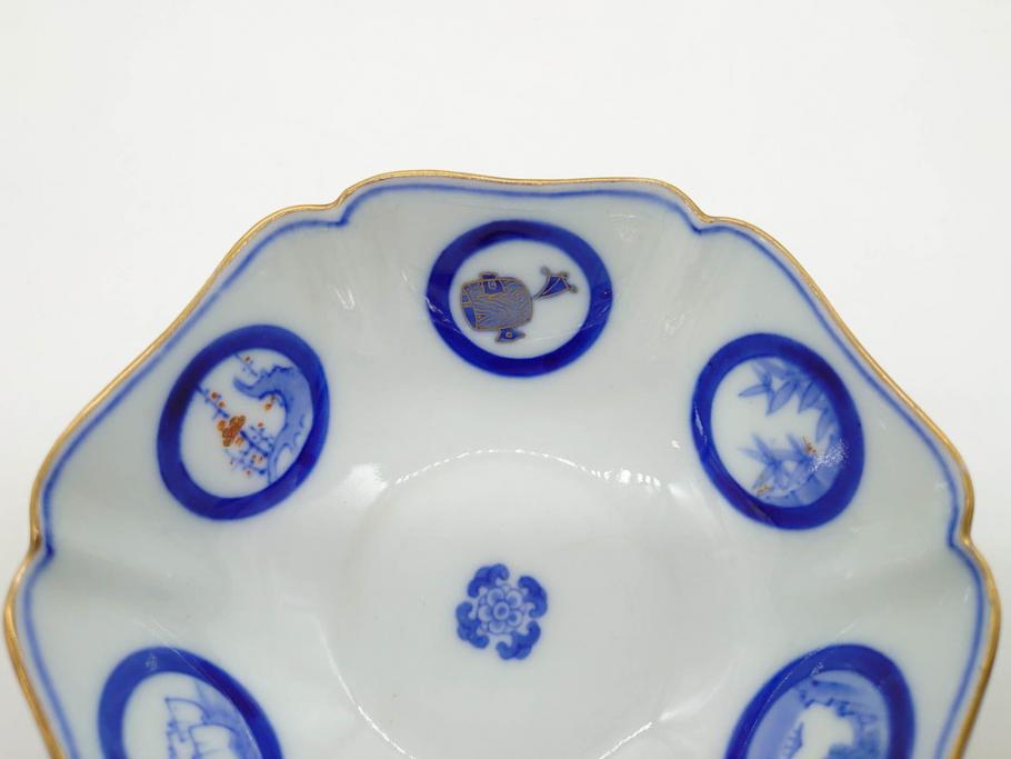 戦前　深川製磁　オールド深川　有田焼　染付　窓絵　松竹梅　約13cm　4.1寸　細かな絵付けが見事な小鉢4客セット(金彩、小槌、船、舟、花、吉祥文様、深鉢、深皿、向付、和皿、和食器、四寸一分)(R-080080)