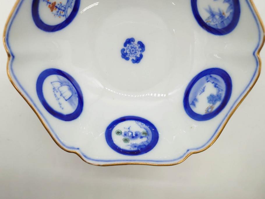 戦前　深川製磁　オールド深川　有田焼　染付　窓絵　松竹梅　約13cm　4.1寸　細かな絵付けが見事な小鉢4客セット(金彩、小槌、船、舟、花、吉祥文様、深鉢、深皿、向付、和皿、和食器、四寸一分)(R-080080)