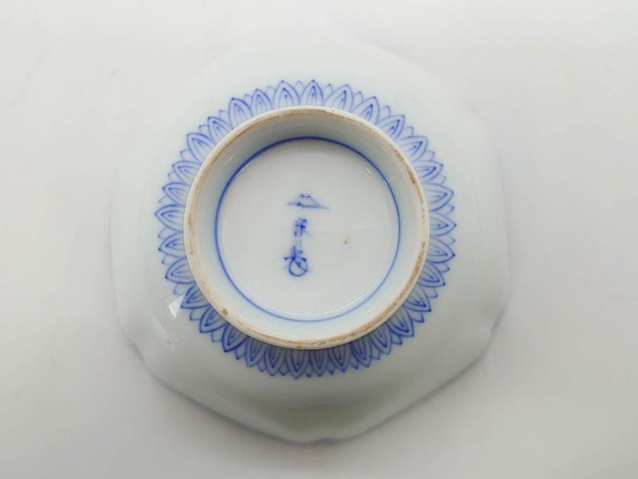 戦前　深川製磁　オールド深川　有田焼　染付　窓絵　松竹梅　約13cm　4.1寸　細かな絵付けが見事な小鉢4客セット(金彩、小槌、船、舟、花、吉祥文様、深鉢、深皿、向付、和皿、和食器、四寸一分)(R-080080)