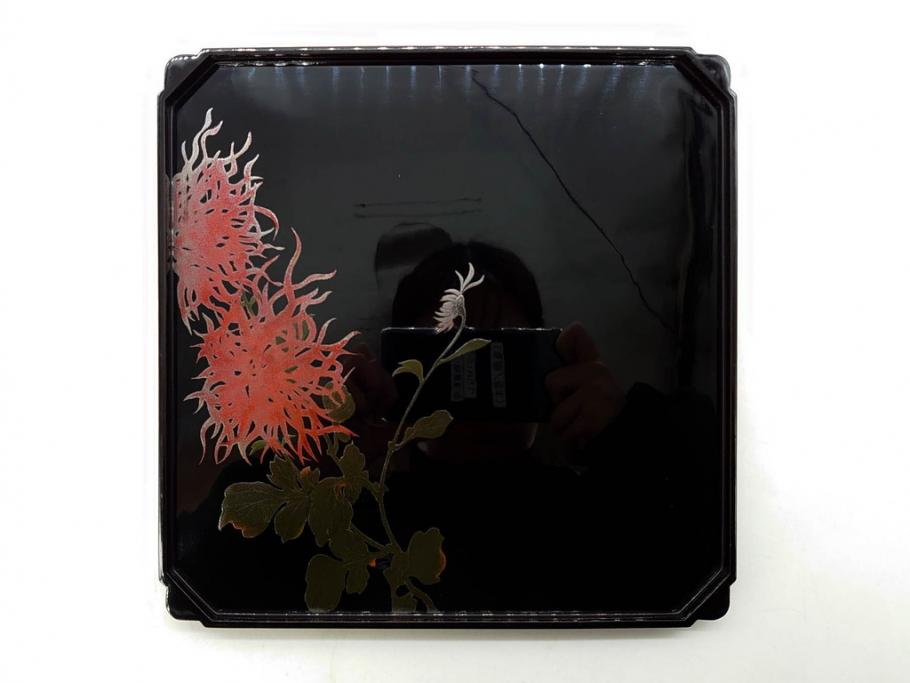 黒江漆器　木製　木皿　菊模様　花のデザインが目を引く小盆5枚セット(漆器、お盆、トレイ、トレー、銘々盆、共箱付き)(R-080093)