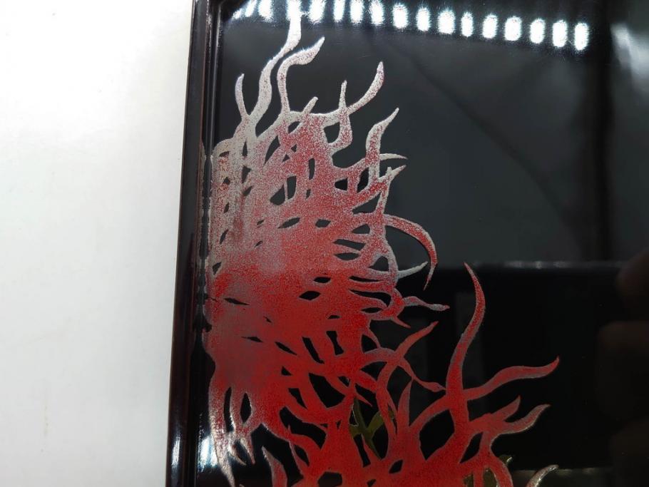 黒江漆器　木製　木皿　菊模様　花のデザインが目を引く小盆5枚セット(漆器、お盆、トレイ、トレー、銘々盆、共箱付き)(R-080093)