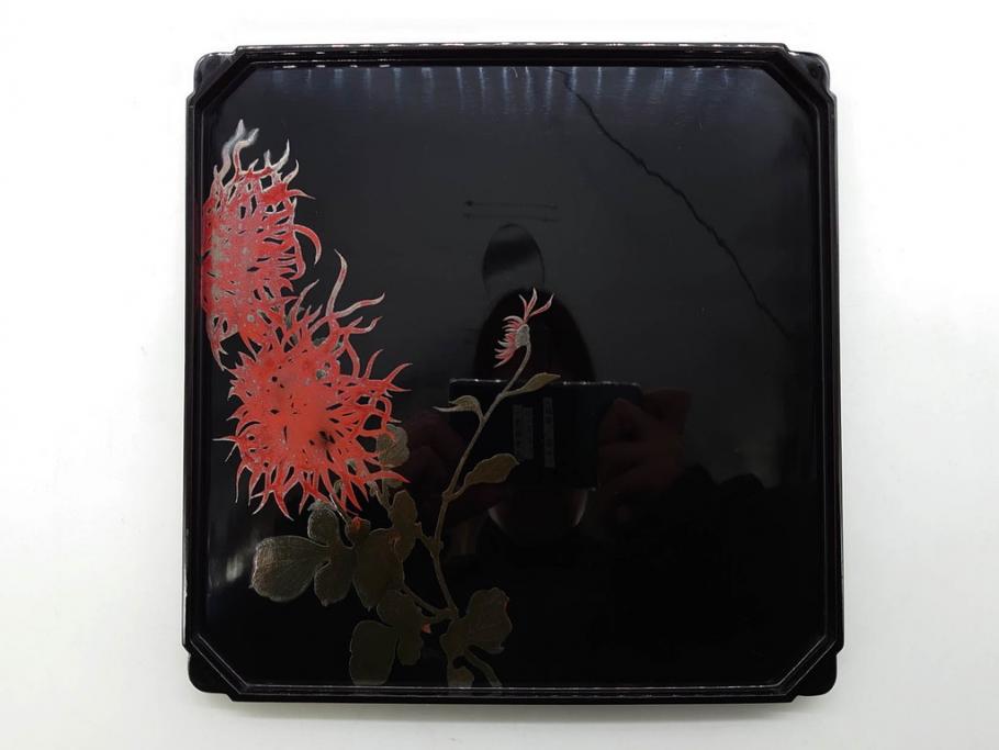 黒江漆器　木製　木皿　菊模様　花のデザインが目を引く小盆5枚セット(漆器、お盆、トレイ、トレー、銘々盆、共箱付き)(R-080093)