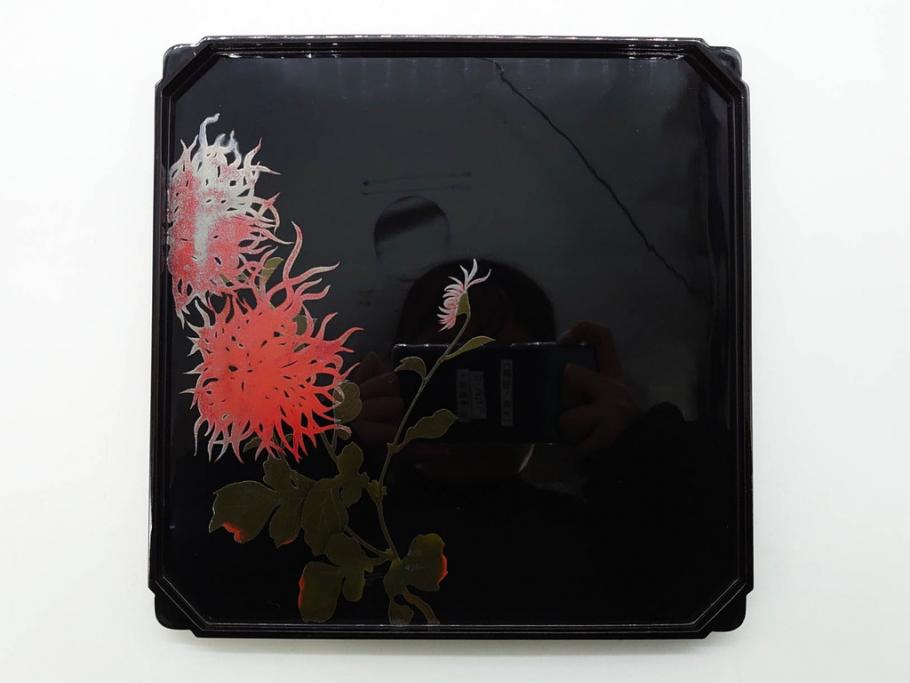 黒江漆器　木製　木皿　菊模様　花のデザインが目を引く小盆5枚セット(漆器、お盆、トレイ、トレー、銘々盆、共箱付き)(R-080093)