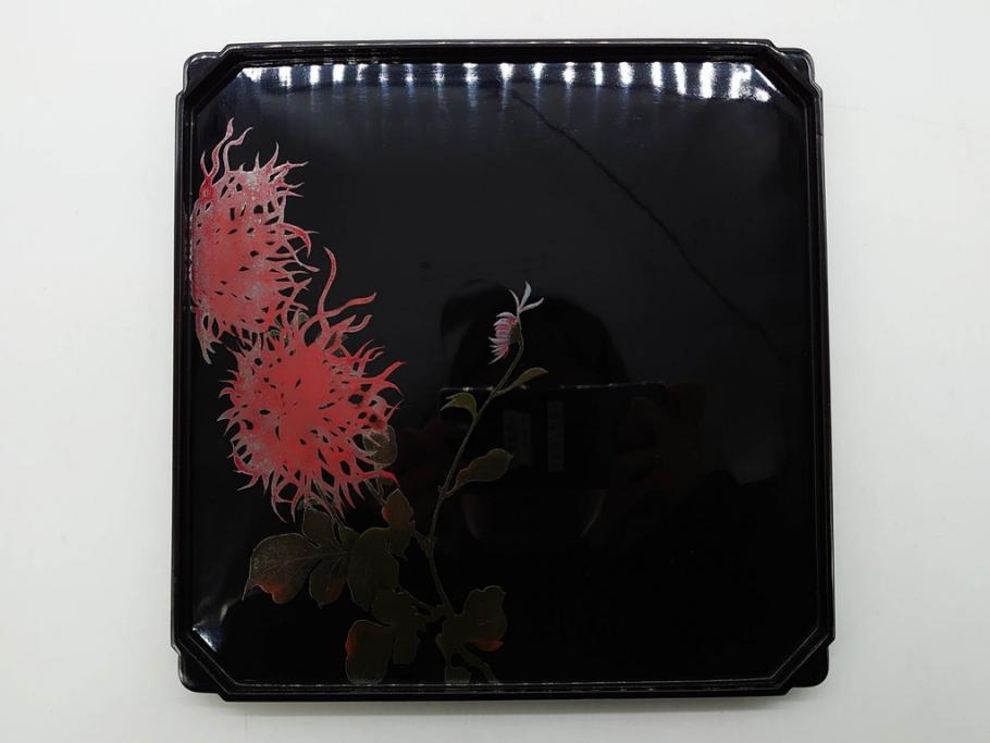黒江漆器　木製　木皿　菊模様　花のデザインが目を引く小盆5枚セット(漆器、お盆、トレイ、トレー、銘々盆、共箱付き)(R-080093)