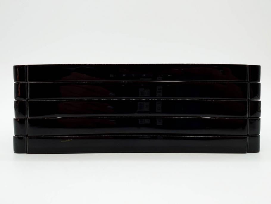 黒江漆器　木製　木皿　菊模様　花のデザインが目を引く小盆5枚セット(漆器、お盆、トレイ、トレー、銘々盆、共箱付き)(R-080093)