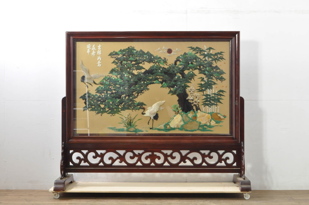 アジアンビンテージ　美品!!　高級品!!　花梨(カリン)材　まるで美術品のような玉石細工が見事な特大衝立て(衝い立て、パーテーション、つい立て、間仕切り、ディスプレイ、店舗什器)(R-079931)