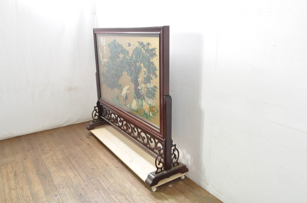 アジアンビンテージ　美品!!　高級品!!　花梨(カリン)材　まるで美術品のような玉石細工が見事な特大衝立て(衝い立て、パーテーション、つい立て、間仕切り、ディスプレイ、店舗什器)(R-079931)