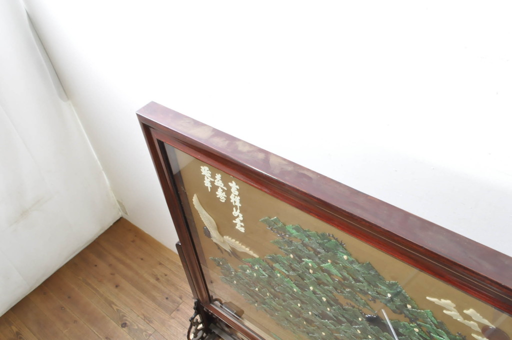 アジアンビンテージ　美品!!　高級品!!　花梨(カリン)材　まるで美術品のような玉石細工が見事な特大衝立て(衝い立て、パーテーション、つい立て、間仕切り、ディスプレイ、店舗什器)(R-079931)