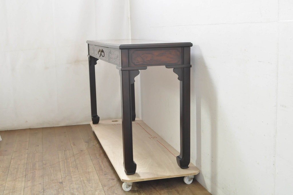 中古　希少モデル　DREXEL HERITAGE(ドレクセルヘリテイジ)　彫刻入り　異国情緒あふれるシノワズリ様式のコンソールテーブル(薄型デスク、机、ワークデスク、サイドテーブル、在宅用、在宅ワーク用)(R-080159)