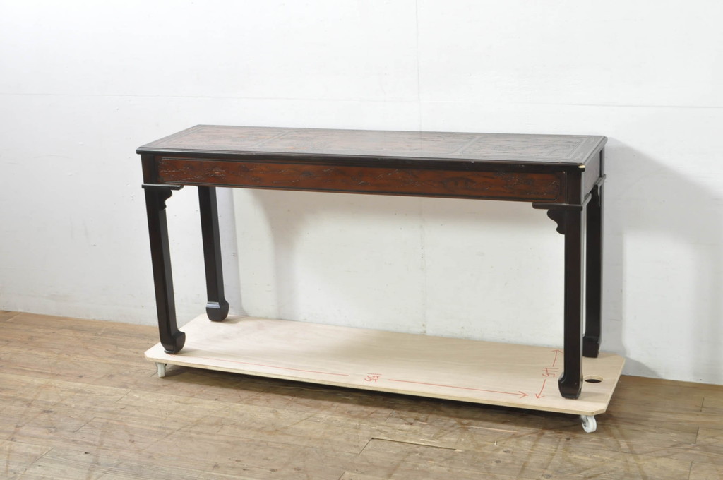 中古　希少モデル　DREXEL HERITAGE(ドレクセルヘリテイジ)　彫刻入り　異国情緒あふれるシノワズリ様式のコンソールテーブル(薄型デスク、机、ワークデスク、サイドテーブル、在宅用、在宅ワーク用)(R-080159)