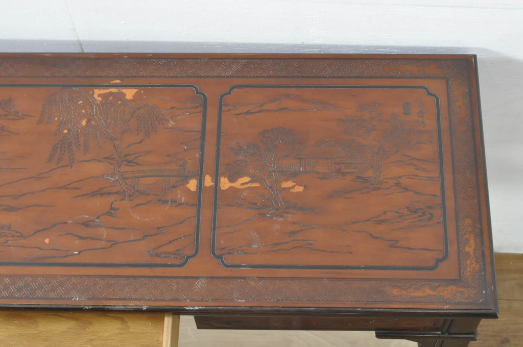 中古　希少モデル　DREXEL HERITAGE(ドレクセルヘリテイジ)　彫刻入り　異国情緒あふれるシノワズリ様式のコンソールテーブル(薄型デスク、机、ワークデスク、サイドテーブル、在宅用、在宅ワーク用)(R-080159)