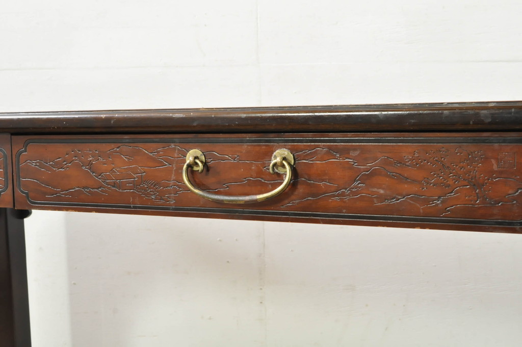 中古　希少モデル　DREXEL HERITAGE(ドレクセルヘリテイジ)　彫刻入り　異国情緒あふれるシノワズリ様式のコンソールテーブル(薄型デスク、机、ワークデスク、サイドテーブル、在宅用、在宅ワーク用)(R-080159)
