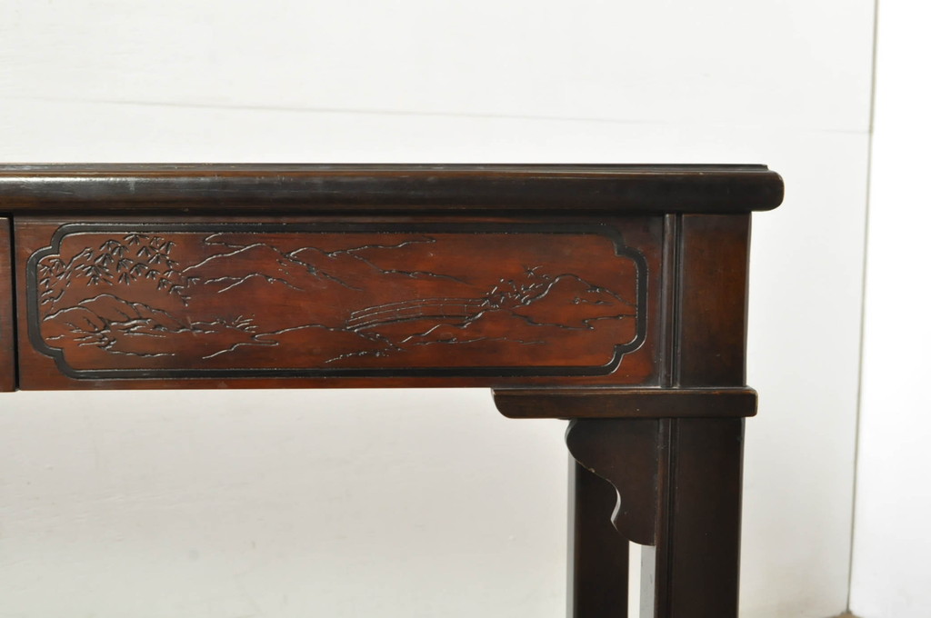 中古　希少モデル　DREXEL HERITAGE(ドレクセルヘリテイジ)　彫刻入り　異国情緒あふれるシノワズリ様式のコンソールテーブル(薄型デスク、机、ワークデスク、サイドテーブル、在宅用、在宅ワーク用)(R-080159)