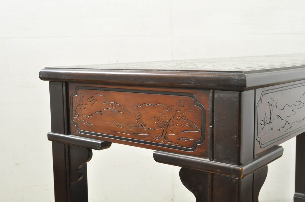 中古　希少モデル　DREXEL HERITAGE(ドレクセルヘリテイジ)　彫刻入り　異国情緒あふれるシノワズリ様式のコンソールテーブル(薄型デスク、机、ワークデスク、サイドテーブル、在宅用、在宅ワーク用)(R-080159)
