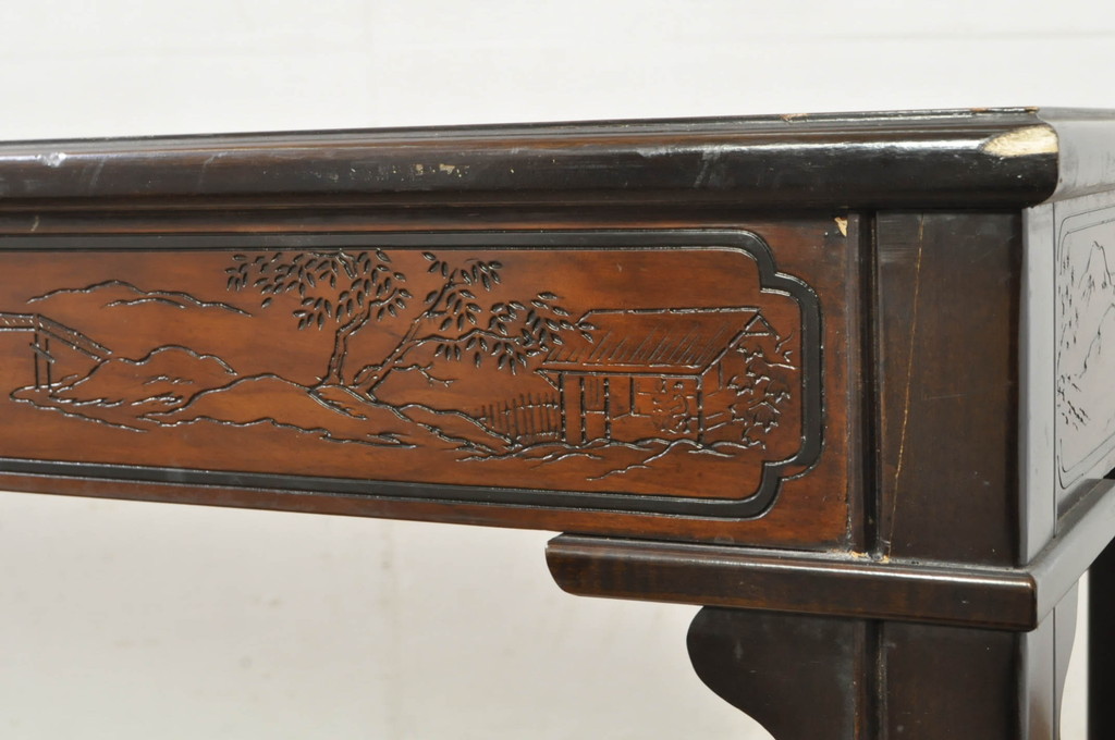 中古　希少モデル　DREXEL HERITAGE(ドレクセルヘリテイジ)　彫刻入り　異国情緒あふれるシノワズリ様式のコンソールテーブル(薄型デスク、机、ワークデスク、サイドテーブル、在宅用、在宅ワーク用)(R-080159)