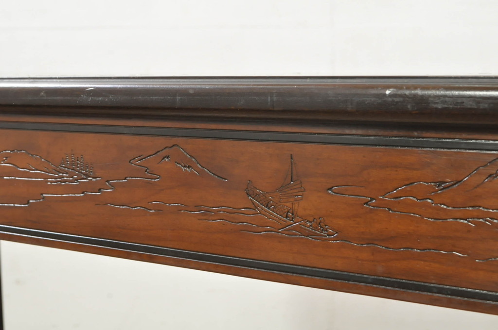 中古　希少モデル　DREXEL HERITAGE(ドレクセルヘリテイジ)　彫刻入り　異国情緒あふれるシノワズリ様式のコンソールテーブル(薄型デスク、机、ワークデスク、サイドテーブル、在宅用、在宅ワーク用)(R-080159)