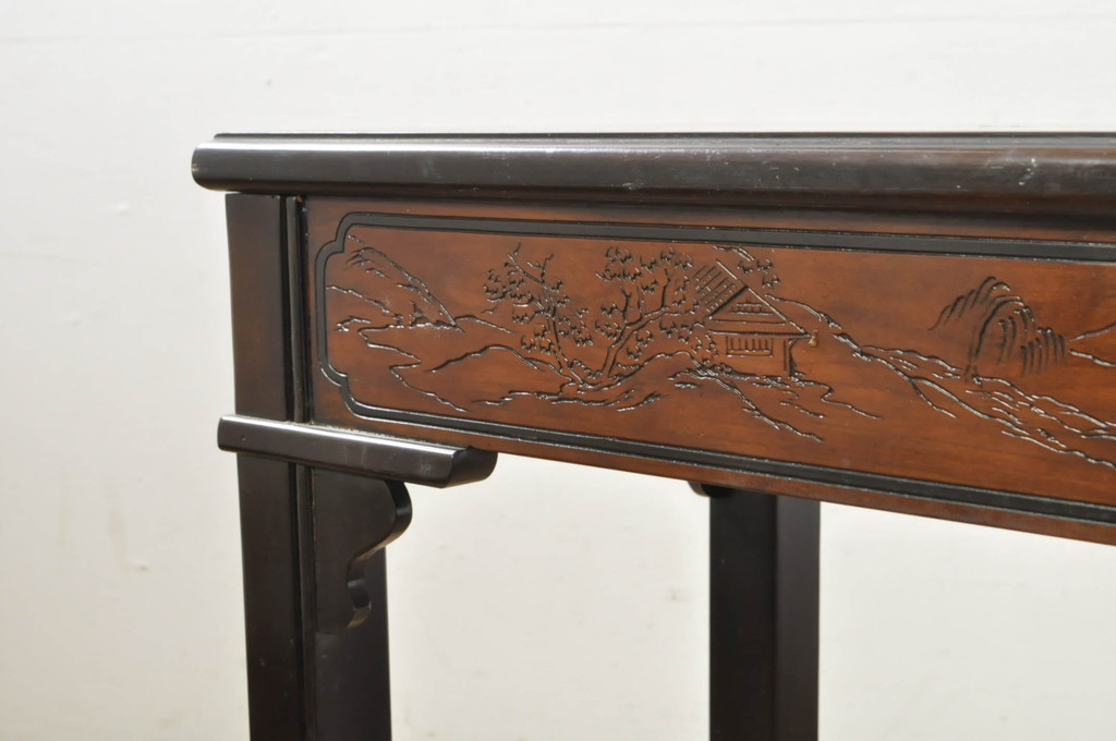 中古　希少モデル　DREXEL HERITAGE(ドレクセルヘリテイジ)　彫刻入り　異国情緒あふれるシノワズリ様式のコンソールテーブル(薄型デスク、机、ワークデスク、サイドテーブル、在宅用、在宅ワーク用)(R-080159)