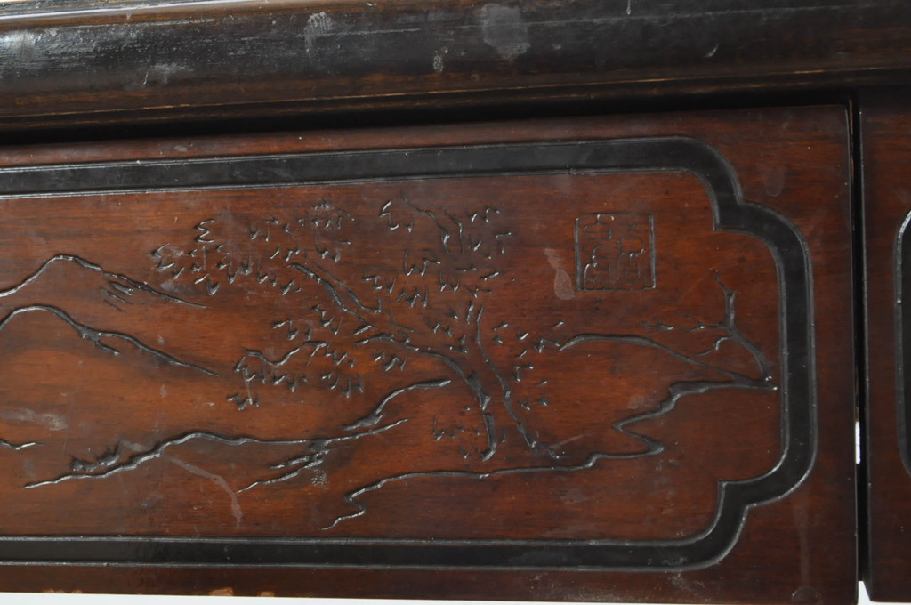 中古　希少モデル　DREXEL HERITAGE(ドレクセルヘリテイジ)　彫刻入り　異国情緒あふれるシノワズリ様式のコンソールテーブル(薄型デスク、机、ワークデスク、サイドテーブル、在宅用、在宅ワーク用)(R-080159)