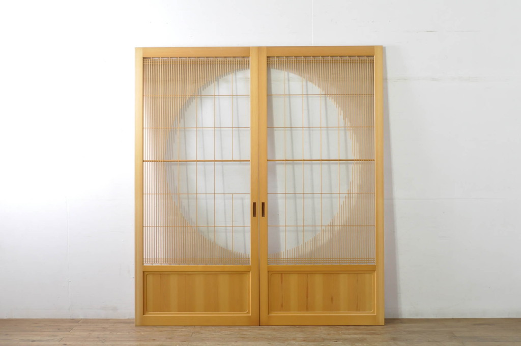 中古　美品　背の高い丸窓風の格子入りアクリル戸2枚セット(格子戸、引き戸、ガラス戸、建具)(R-080205)
