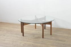 デンマークビンテージ　北欧家具　ローズウッド　Niels Bach(ニールス バッハ)　ユニークなモジュール式デザインのガラストップローテーブル(コーヒーカクテルテーブル、組み立て式、コーヒーテーブル、センターテーブル、リビングテーブル、ガラストップテーブル、ラウンドテーブル、丸テーブル、ヴィンテージ)(R-080107)