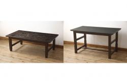 【加工実例】軽井沢彫りのサイドテーブルをリサイズしました。ご希望の高さでダイニングテーブルとしても使用できるよう継ぎ脚を新たに製作しました。(リビングテーブル、センターテーブル、座卓、2人掛け)