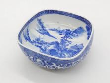陶玉園　五助製　瀬戸焼　染付　楼閣山水図　約18cm　5.7寸　緻密に描かれたデザインが美しい鉢(風景、深皿、和皿、中皿、変形皿、深鉢、和食器、裏印、五寸七分)(R-080400)