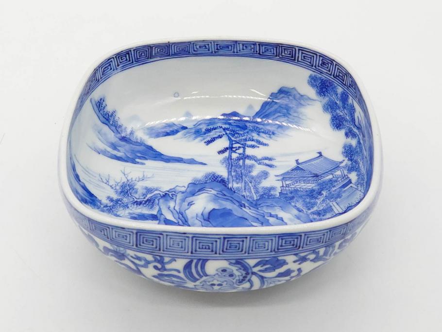 陶玉園　五助製　瀬戸焼　染付　楼閣山水図　約18cm　5.7寸　緻密に描かれたデザインが美しい鉢(風景、深皿、和皿、中皿、変形皿、深鉢、和食器、裏印、五寸七分)(R-080400)